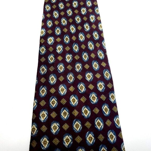 Burberry London Red Brown Beige Silk Tie Woven Short Geometric - Picture 2 of 7